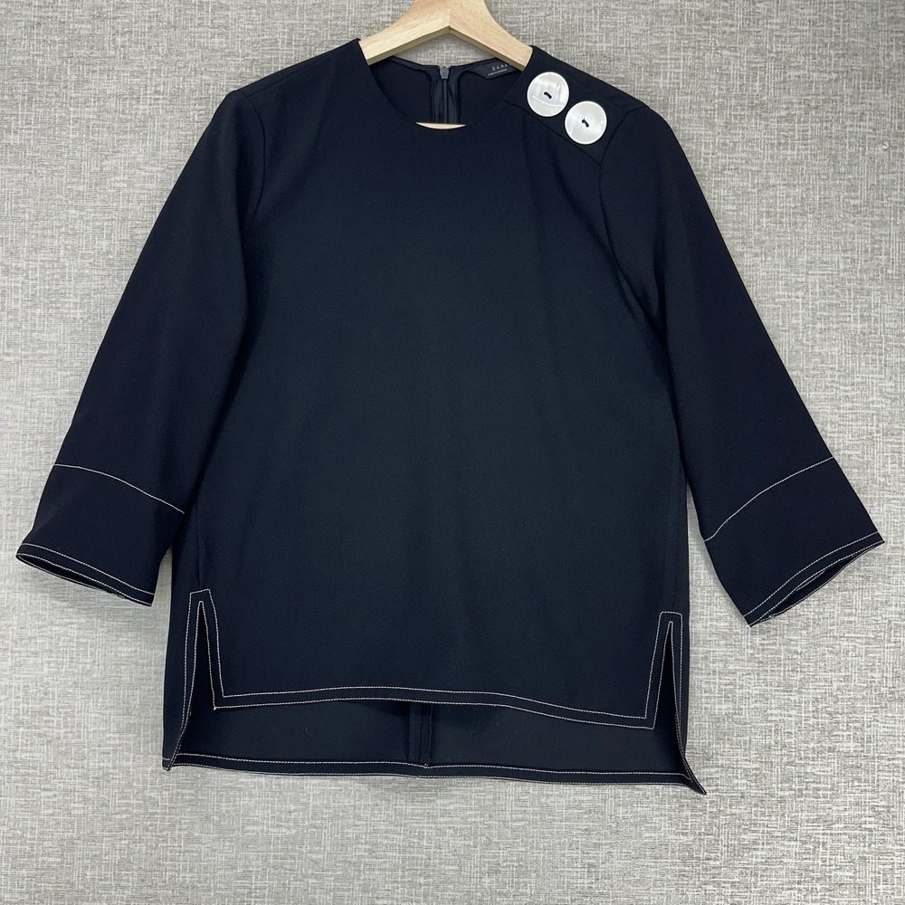 Zara Woman Blouse Womens XS Black Contrast Stitch Tunic Top 3/4 Sleeve